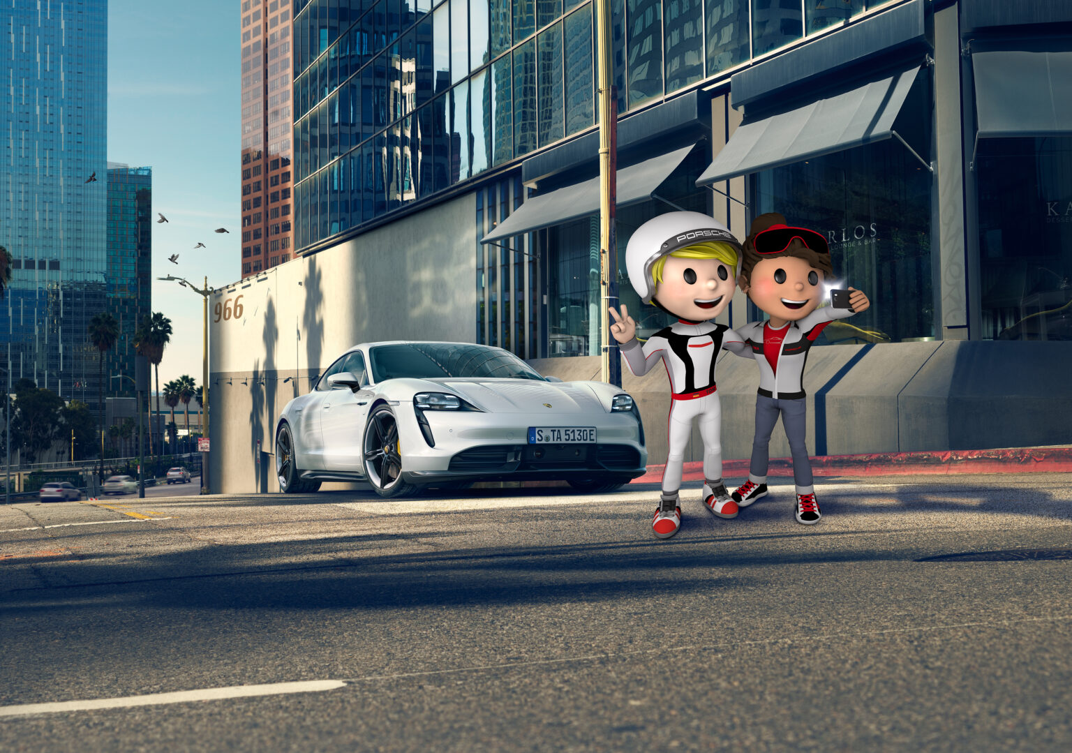 A white Porsche Taycan parked on a sunny city street with two animated Porsche mascots posing for a selfie in front of the car.