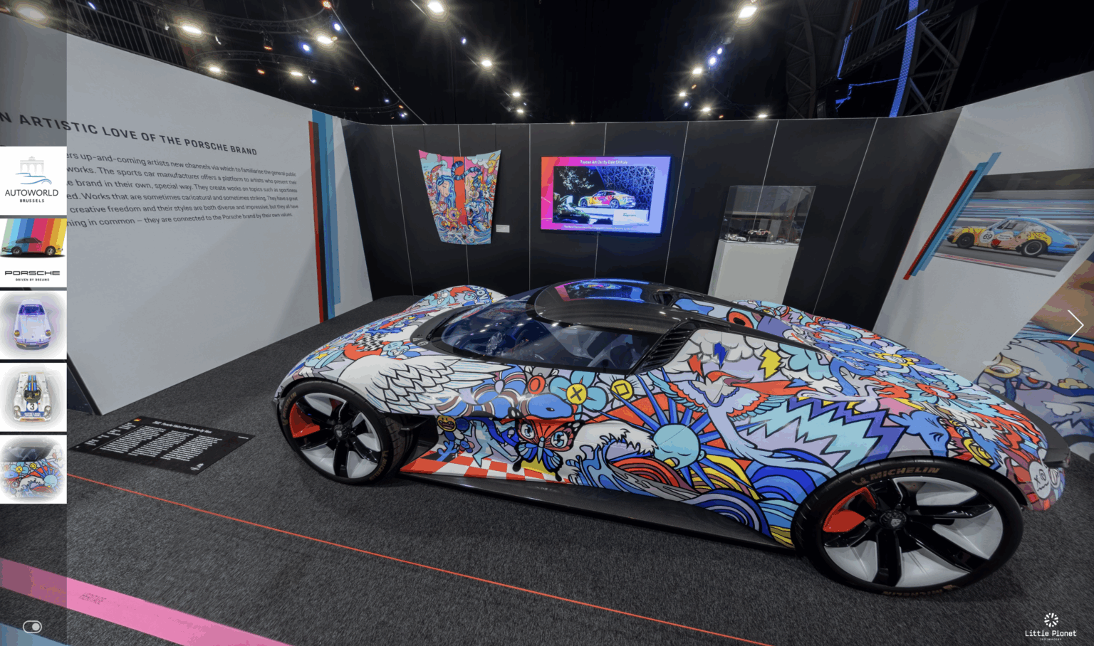 A vividly painted Porsche concept car with cartoon-style street art displayed at Autoworld Brussels as part of an artistic exhibition celebrating the Porsche brand.